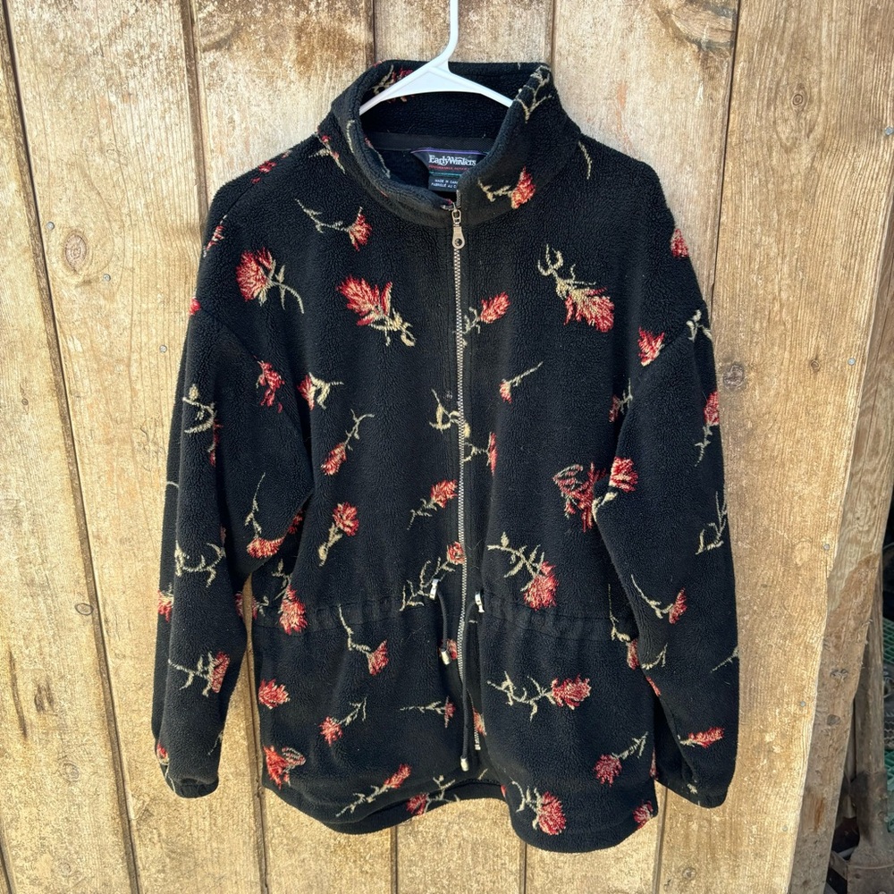 VTG Early Winters Womens Jacket Large Black Full Zip Fleece Floral Vintage